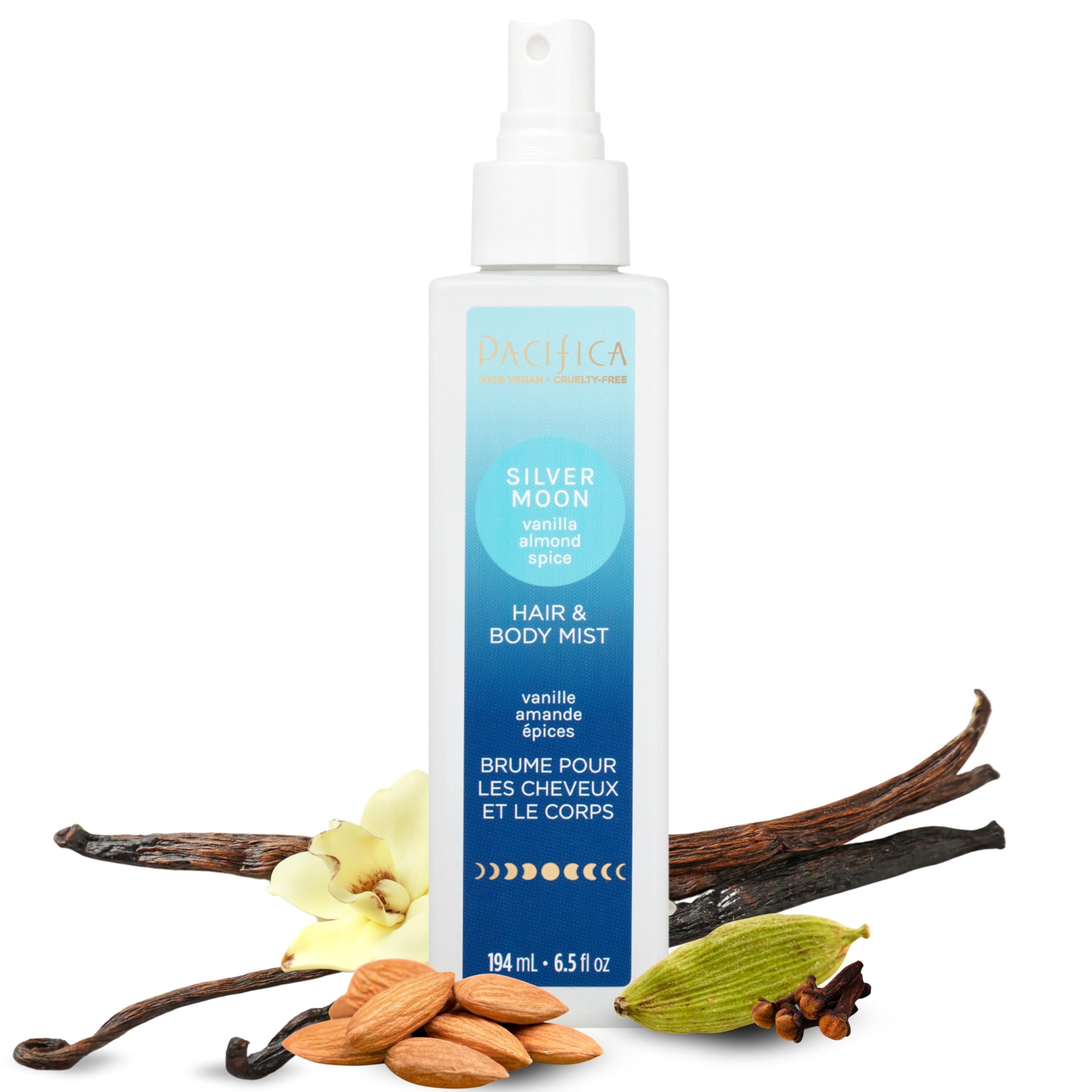 Pacifica Hair Perfume & Body Fragrance Spray Mist - Silver Moon with Vanilla, Almond & Spice ��� Alcohol-Free, Vegan & Cruelty-Free, 6.5 oz