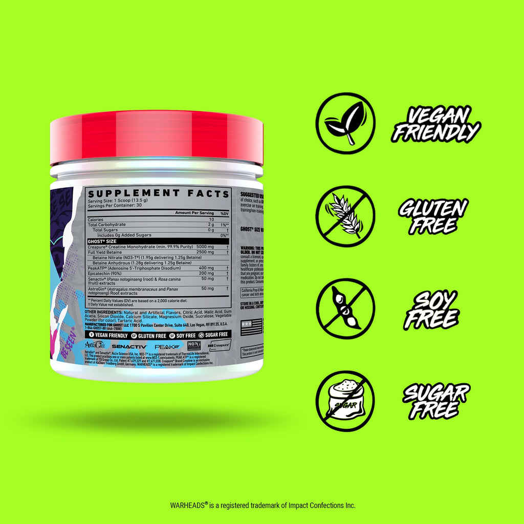 GHOST Size Muscle Builder Dietary Supplement - Warheads Sour Watermelon, 30 Servings – Support Muscle Growth & Strength Building for Men & Women - Creatine & Betaine - Free of Sugar & Gluten