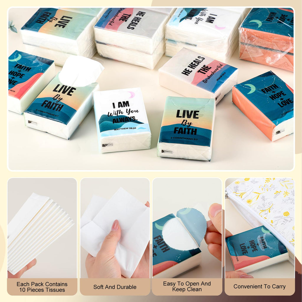 NatNarr 100 Pack Travel Tissue Pocket Tissues, Bulk 1000 Sheet Mini Tissues 3 Ply Small Travel Size Paper Individual Pocket Size for Easter Weddings Birthdays Travel Picnics（Bible）