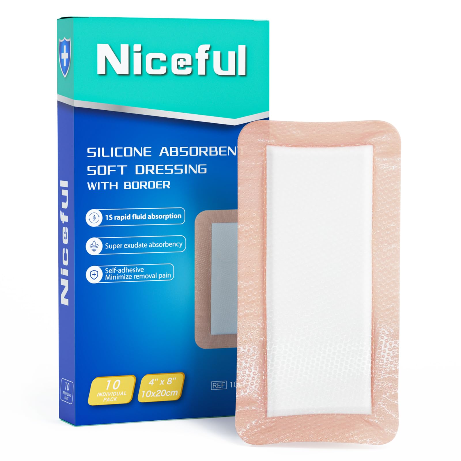 Niceful Silicone Super Absorbent Wound Dressing - 4"×8" Large Absorbant Bandages with Adhesive Borders, FSA HSA Eligible, Wound Care Dressings for Bed Sores Leg Ulcers