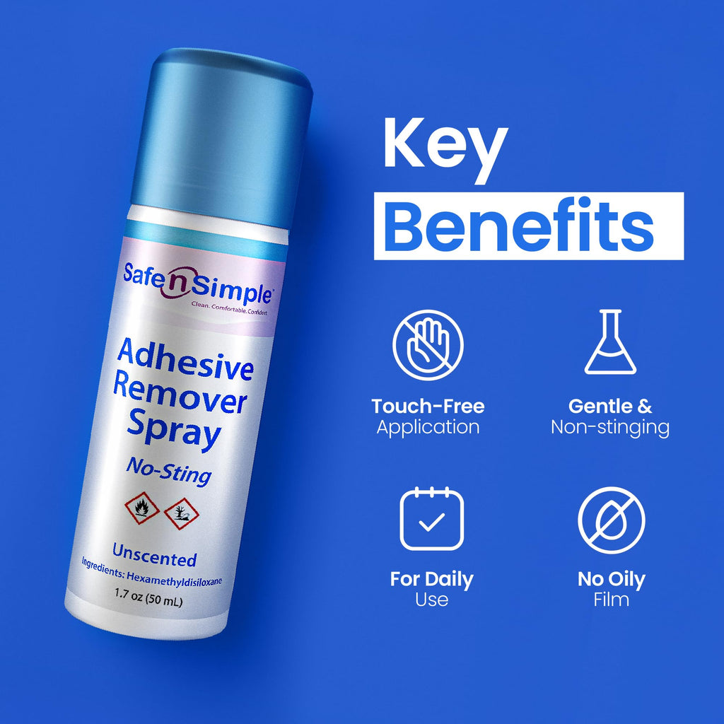 Safe n’ Simple Medical Adhesive Remover Spray for Skin - 1.7 Fl Oz No Sting Alcohol Free Ostomy Adhesive Remover - Gentle Medical Adhesive Removal Spray for Stoma, Urostomy, Ileostomy & Colostomy Care