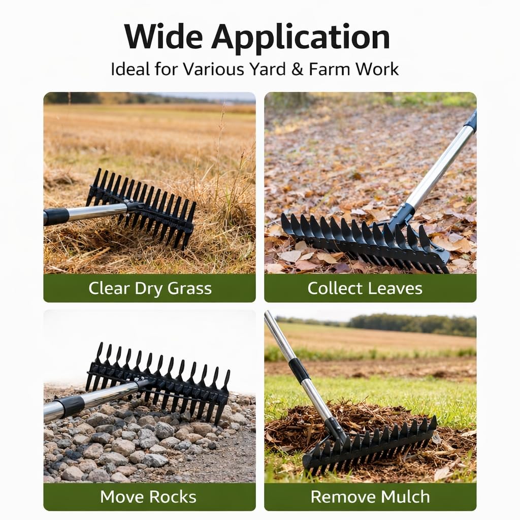 QZTODO Thatch Rake - 63 Inch Dethatcher Rake with Upgraded Dual-Action Tines, Adjustable Efficient Garden Tool for Lawns Dead Grass