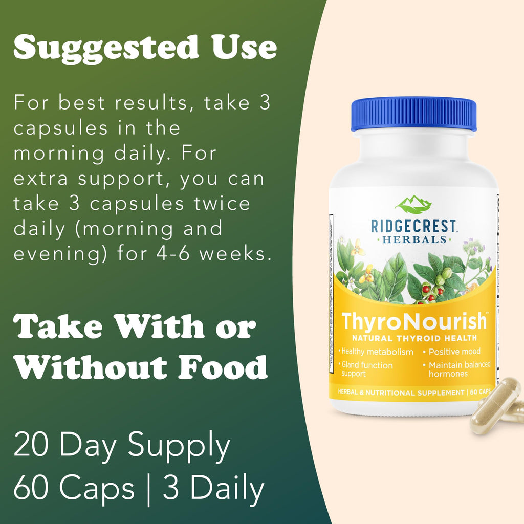 Ridgecrest Herbals ThyroNourish, Thyroid Support, Herbal and Vitamin Supplement with Ashwagandha, L-Tyrosine, Iodine, Copper, Kelp. Supports Energy, Metabolism Health, Normal Sleep (60 Caps, 30 Serv)