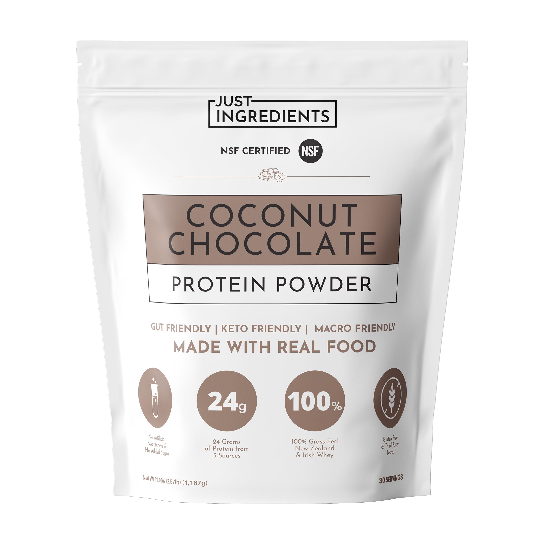 JUST INGREDIENTS Coconut Chocolate Protein Powder – 30-Serving Blend with 100% Grass-Fed Whey & Organic Plant Proteins – Creamy Coconut Cocoa Flavor – Supports Muscle Recovery, Energy*