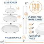 BluShore Cake Boards Tiering Kit - Cake Board 10 Inch, 8 Inch, and 6 Inch (5 Pieces Each) With Parchment Paper Rounds, Wooden Dowels, and Straw Dowels - Cardboard Cake Rounds Stacking Kit [130 Pieces]