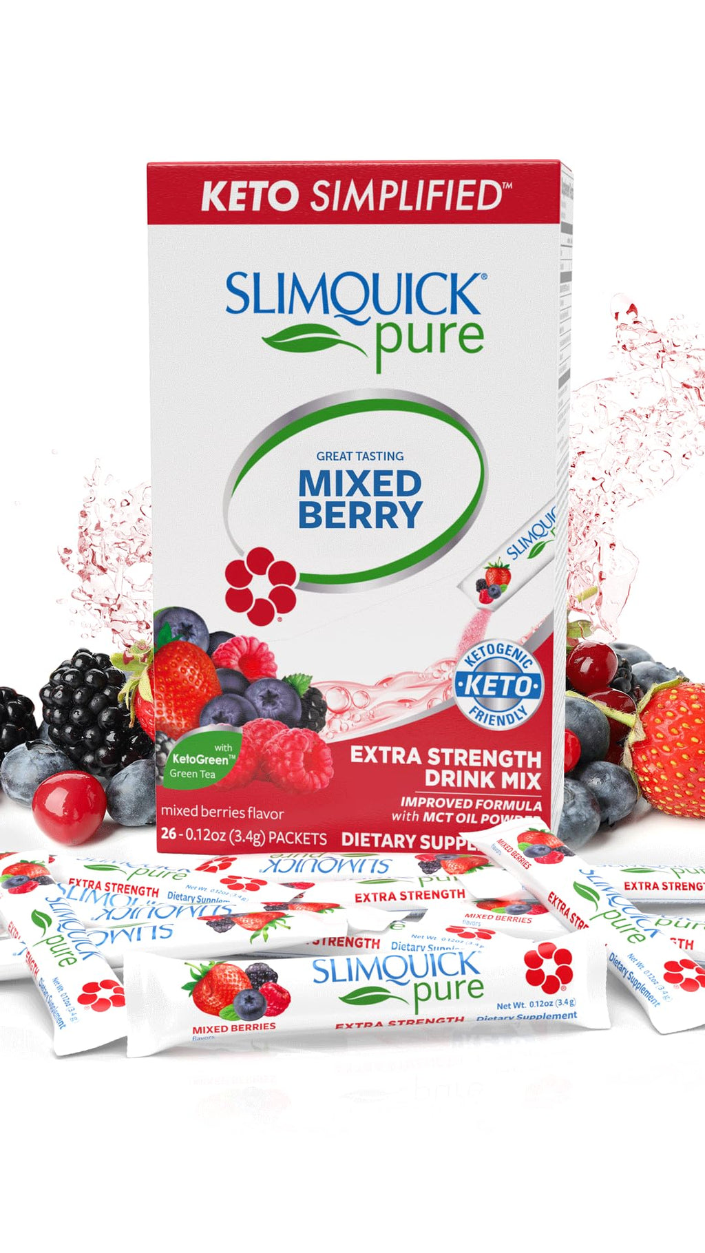 Slimquick Pure 3x Extra Strength Mixed Berry Drink Mix for Women to Help Achieve Weight Goals, Helps Metabolism, Keeps Full for Longer with Green Tea, Caffeine, Chaste Tree, Rhodiola Extract, 26 Count