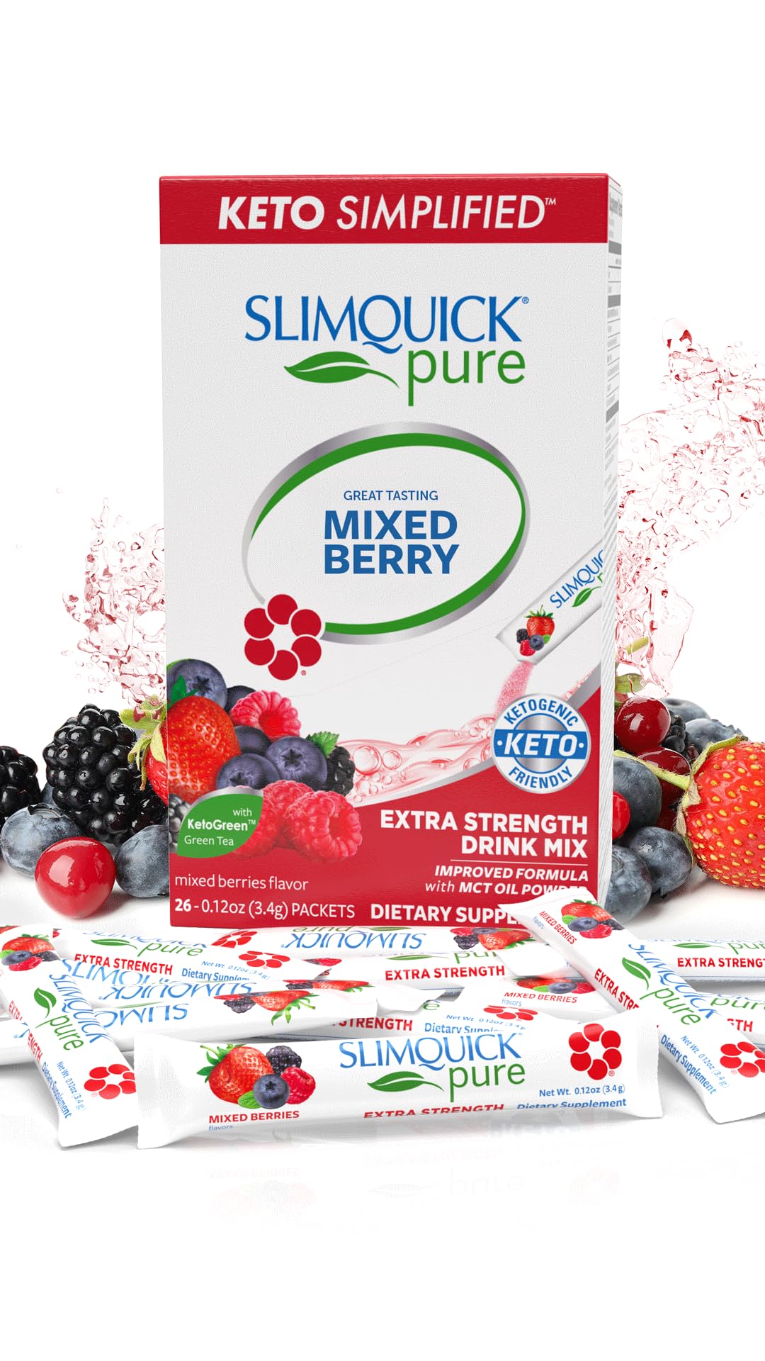 Slimquick Pure 3x Extra Strength Mixed Berry Drink Mix for Women to Help Achieve Weight Goals, Helps Metabolism, Keeps Full for Longer with Green Tea, Caffeine, Chaste Tree, Rhodiola Extract, 26 Count