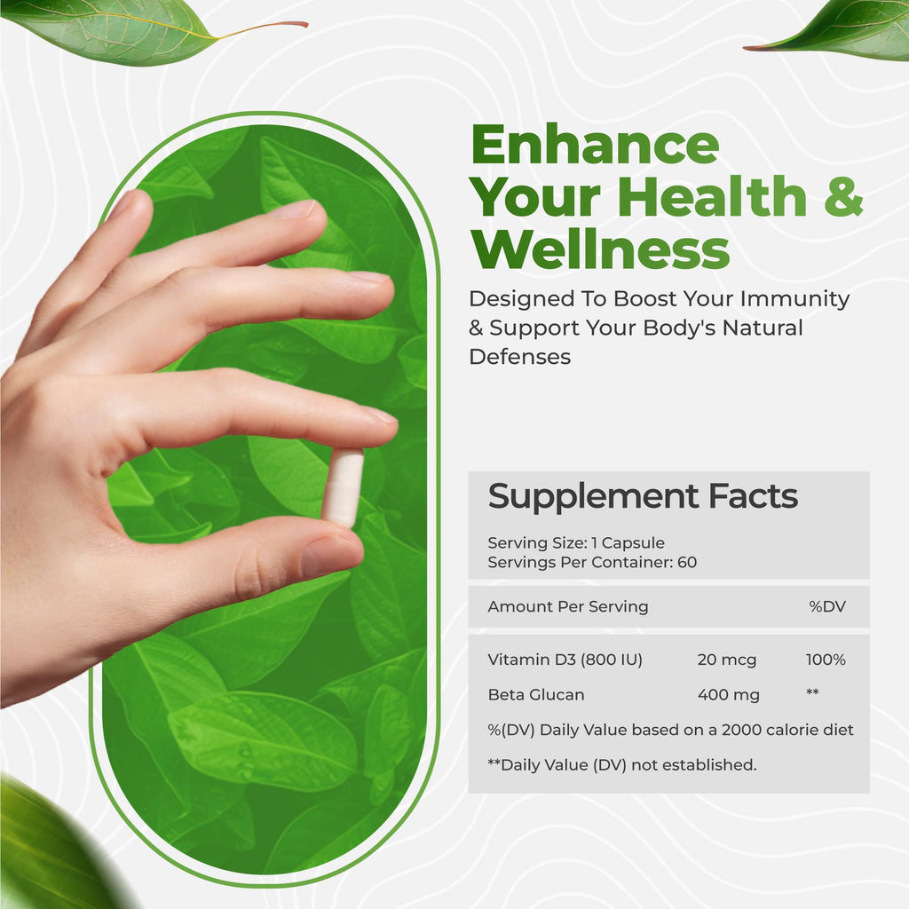 Bio Swiss Beta Glucan Immunity Power - 1,3D-1,6D Glucan with Vitamin D - Immune Support Supplement for Enhanced Defense and Wellness - Vegan, Gluten-Free (60 Capsules)