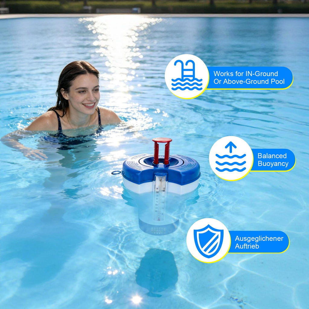 Pool Chlorine Floater Dispenser with Thermometer - 8" Pool Floater Pop-Up Refill Indicator Large Floating Chlorine Holder for 1 to 4 inch Tablets Floating Dispenser for Pools Spas Hot Tubs
