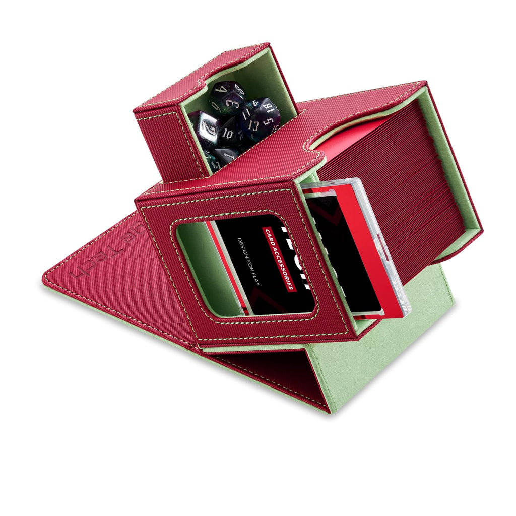 Mage Tech Card Deck Box for MTG Commander - Patented Design, Commander Display, Fits 100 Double-Sleeved Cards, 35pt Card Brick & Dice Tray - Red/Green