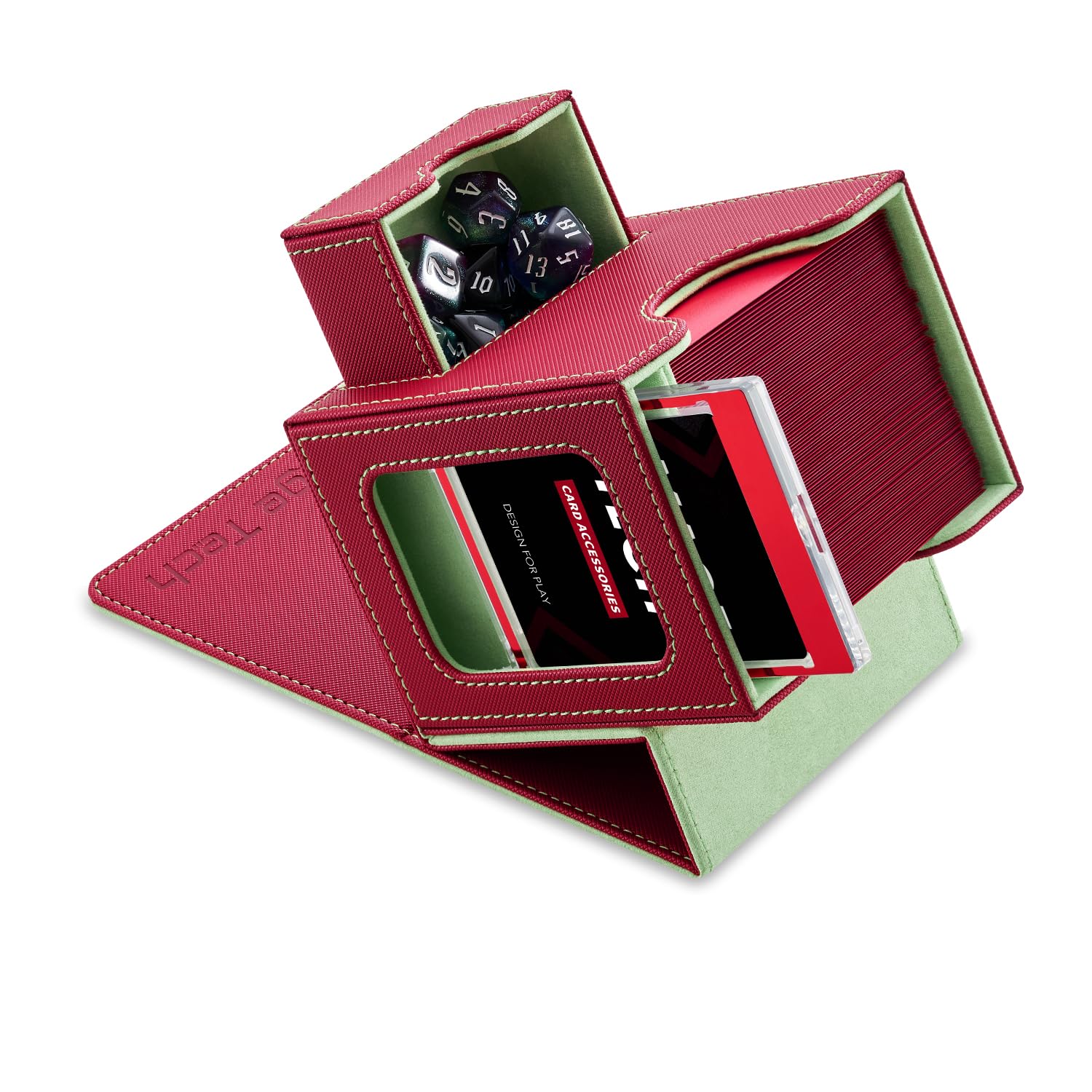 Mage Tech Card Deck Box for MTG Commander - Patented Design, Commander Display, Fits 100 Double-Sleeved Cards, 35pt Card Brick & Dice Tray - Red/Green