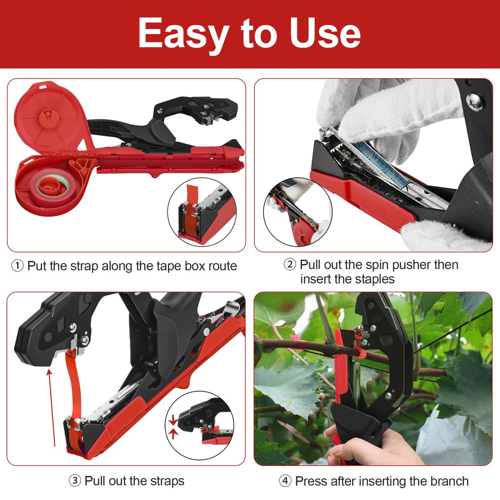 RUKHOOL Upgraded Plant Tying Machine Gun to Tie Up Vine Tomatoes and Grapes Quickly Garden Tape Tool for Gardeners Farmers with SK5 Blade Replacement Garden Tapes and Staples