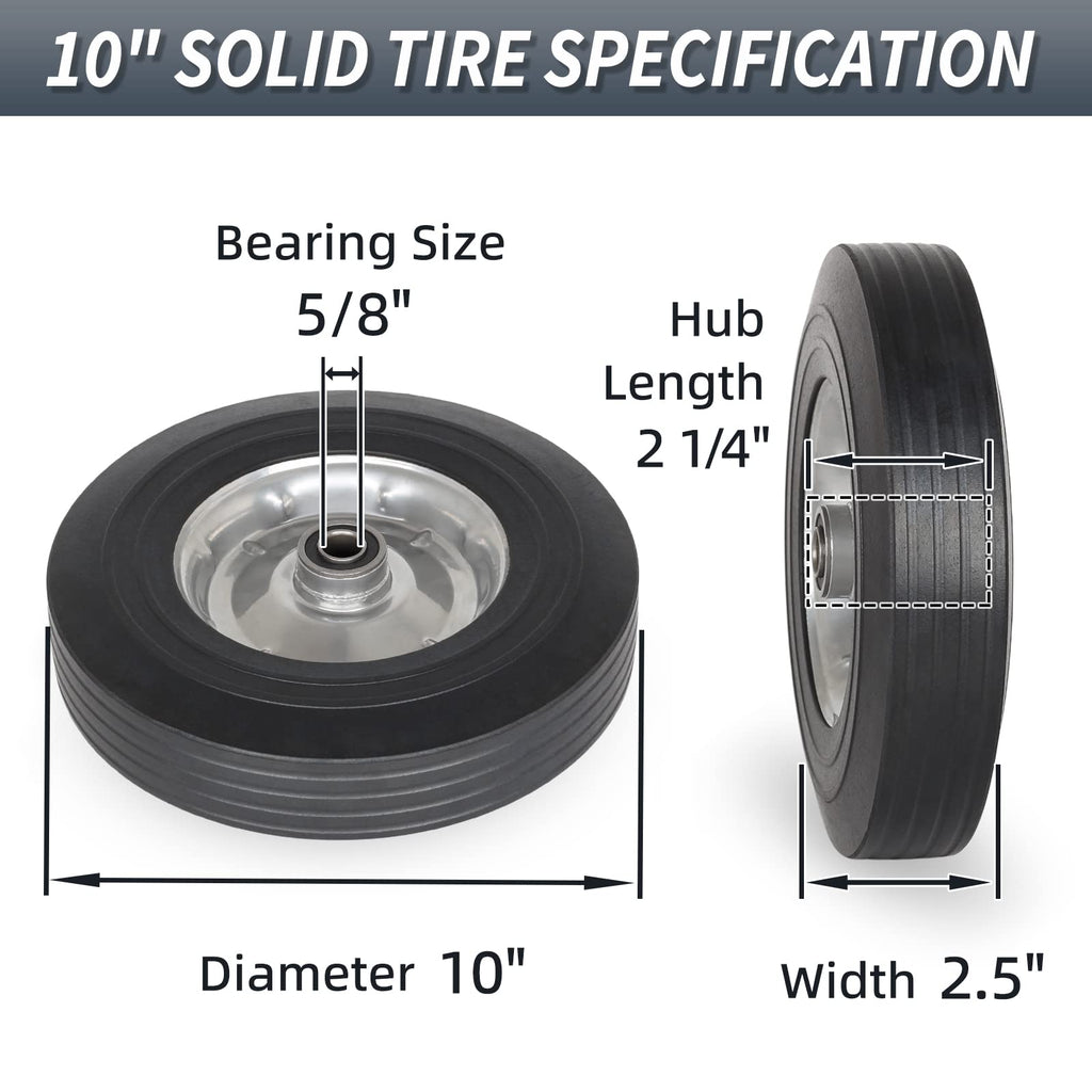 GICOOL 10" x 2.5" Flat Free Solid Rubber Tire with 5/8" Axle Bore Hole, 2 1/4" Hub, Replacement 4.10/3.50-4" for Hand Truck Dolly Trolley Garden Wagon Cart Generator, 2 Pack