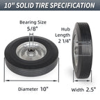 GICOOL 10" x 2.5" Flat Free Solid Rubber Tire with 5/8" Axle Bore Hole, 2 1/4" Hub, Replacement 4.10/3.50-4" for Hand Truck Dolly Trolley Garden Wagon Cart Generator, 2 Pack