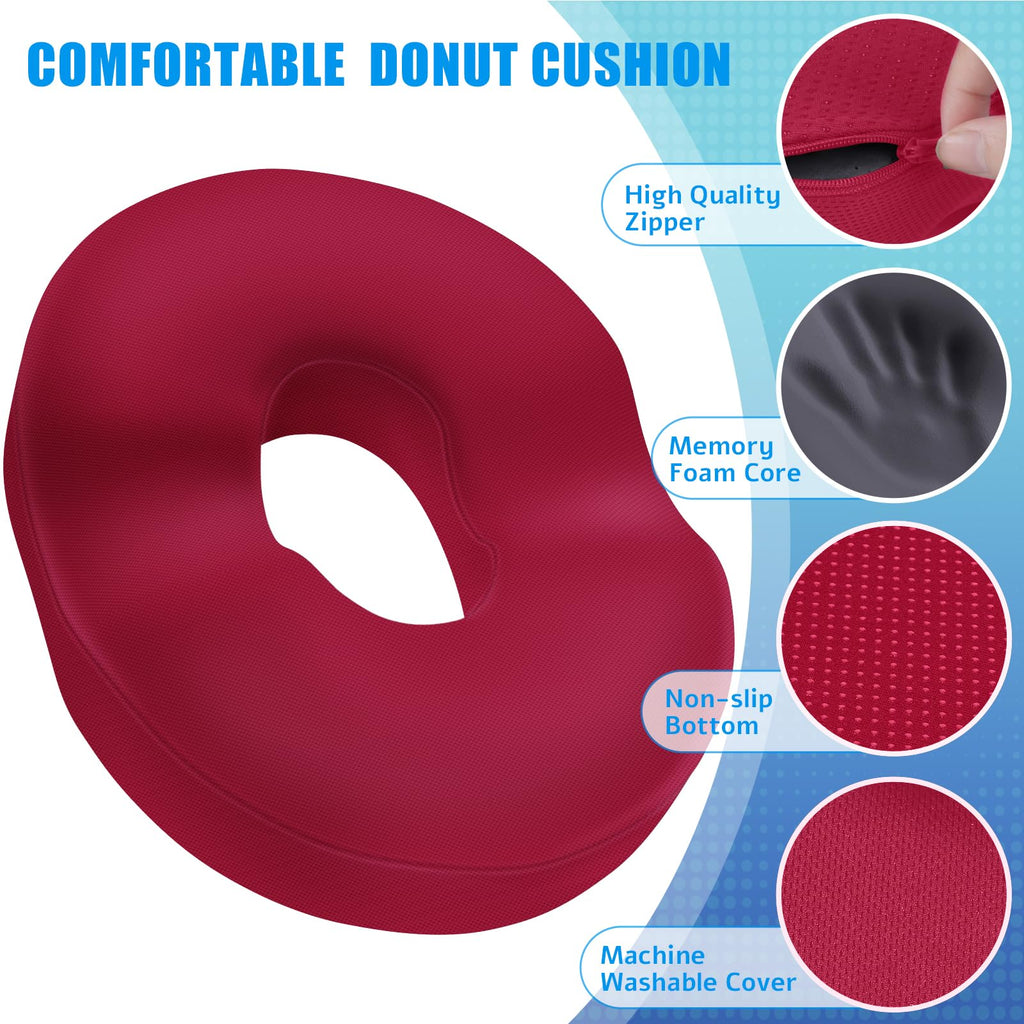 BlissTrends Donut Pillow Seat Cushion,Donut Chair Cushions for Postpartum Pregnancy & Hemorrhoids,Tailbone Pain Relief Cushion,Memory Foam Lifting Cushions for Office&Home Chairs (Red)