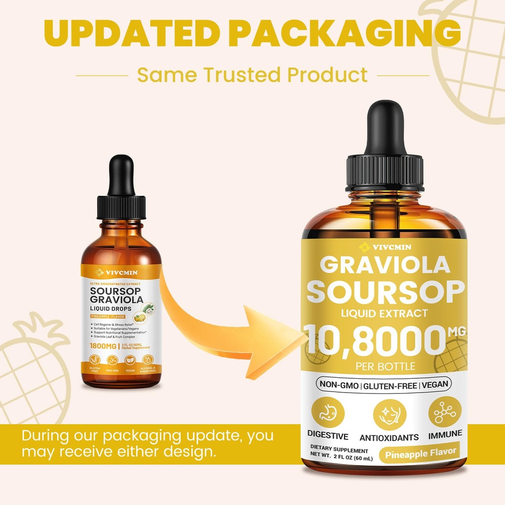 vivcmin Graviola Soursop Leaf Extract Liquid - Soursop Bitters Liquid, Support Immune, Relax, Liver and Sleep, Sugar & Alcohol-Free, Highly Absorbable Formula, Pineapple Flavor, 2 Fl Oz