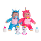 JC Toys Lots to Cuddle Babies 12-inch Small Soft Twin Baby Dolls Unicorn Theme| Washable | Pink and Blue | Includes Play Unicorns, Bottles, Pacifiers| for Children 12 Months +