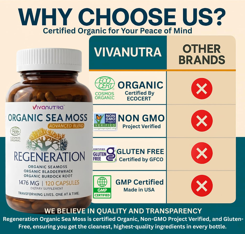 VIVANUTRA Organic Wildcrafted Sea Moss Capsules, 1476mg, Nova Scotia, 120ct