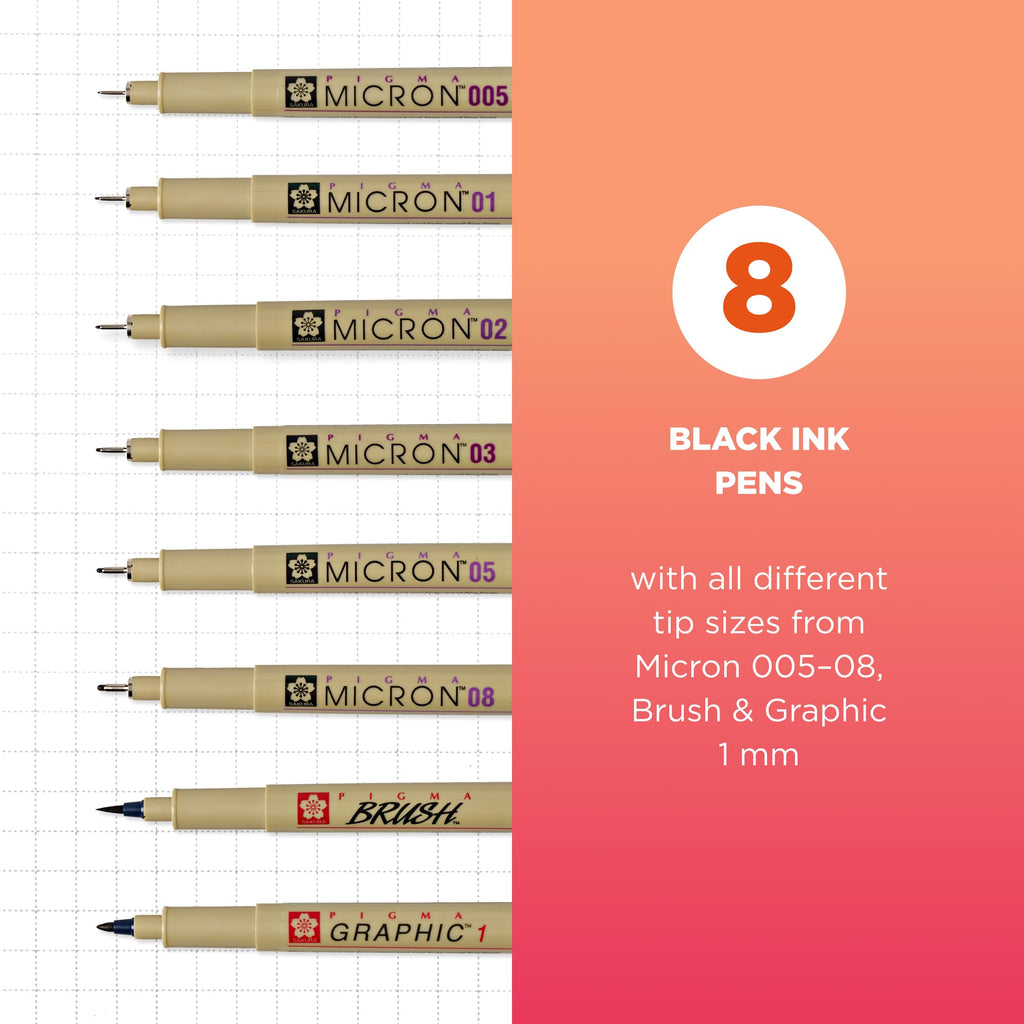Sakura Pigma Micron Fineliner Pens, Black, Assorted Points - 8 Pack