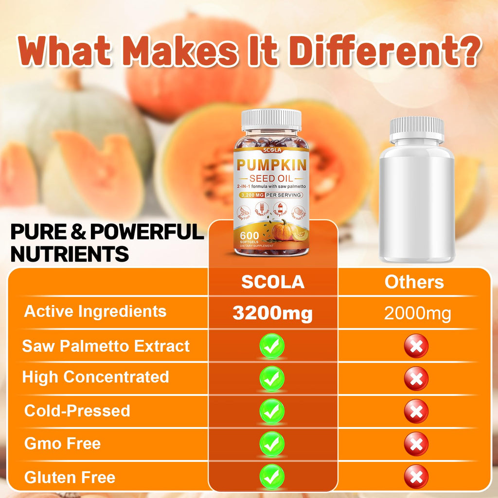 SCOLA Pumpkin Seed Oil with Saw Palmetto,3200mg/Serving,Cold-Pressed with Essential Fatty Acids & Phytosterols,Supports Hair, Immune,Bladder & Prostate Health,Non-GMO (600 Softgels)