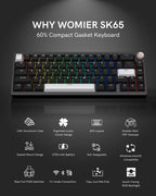 Womier SK65 Wireless Mechanical Gaming Keyboard, 60 Percent Retro Creamy Aluminium Keyboard, Bluetooth 5.0/2.4GHz/USB-C Wired Hot Swappable Custom RGB Backlit for Mac Computer PC (Black)