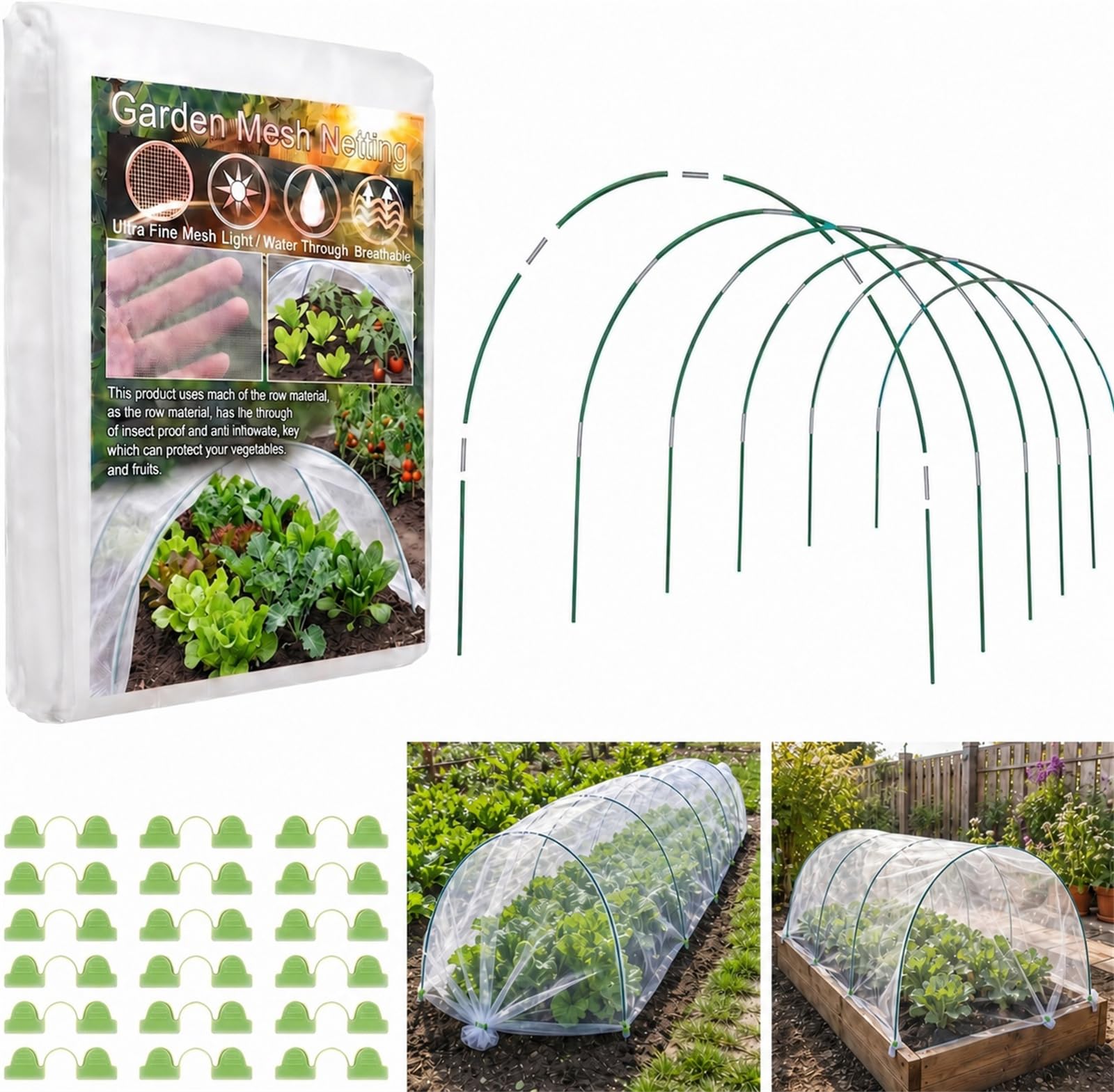 Garden Netting Kit, 10x30FT Ultra Fine Garden Mesh Netting with 6 Sets Garden Hoops, Insect Netting for Garden Protection Plant Covers, Garden Netting for Raised Beds Plant Fruit Flowers Protection