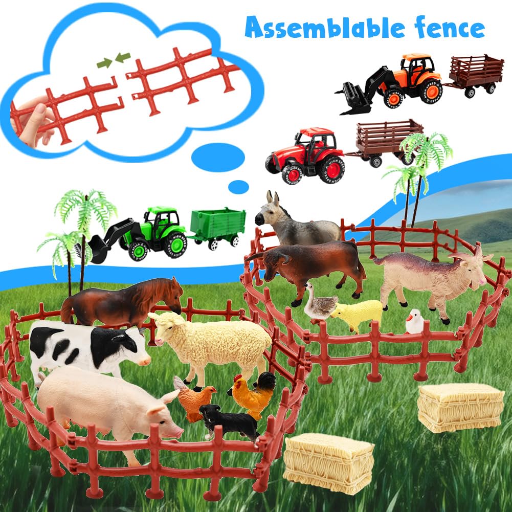 Kimicare 3 Pack Farm Toy Tractor with 40pcs Plastic Farm Animals Figurines and Fence Farm Playset, Farm Figures Farmer Vehicle Toy Truck with Trailer Birthday Gifts Christmas Stocking Stuffers