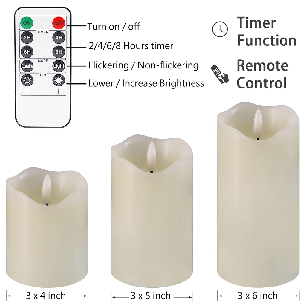 HVOPGEEUAN Flickering flameless Candles, Battery Operated Candles with Remote, led Pillar Candles，Electric Candle Set of 3，Christmas Home Wedding Birthday Decor（Ivory White） ﻿ ﻿