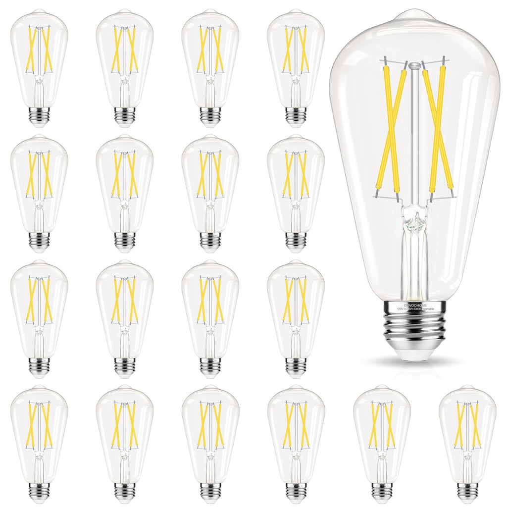 GvvooHome Edison Bulbs 60 watt Equivalent LED, E26 Bulb Dimmable, Cool White 4000K, ST58 Vintage Light Bulbs, 90+ CRI, 6W 600LM, E26 Medium Base, Clear Glass, 18 Pack