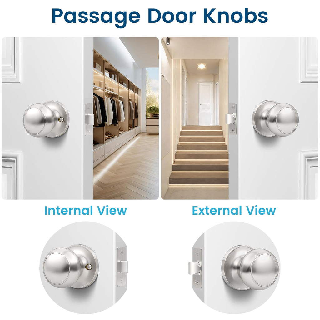 Vesmikit 5 Pack Brushed Nickel Door Knob, Round Interior Door Knobs for Hallway Closet, Non-Locking Passage Door Knobs, Keyless Door Handles for Left/Right Handle Doors