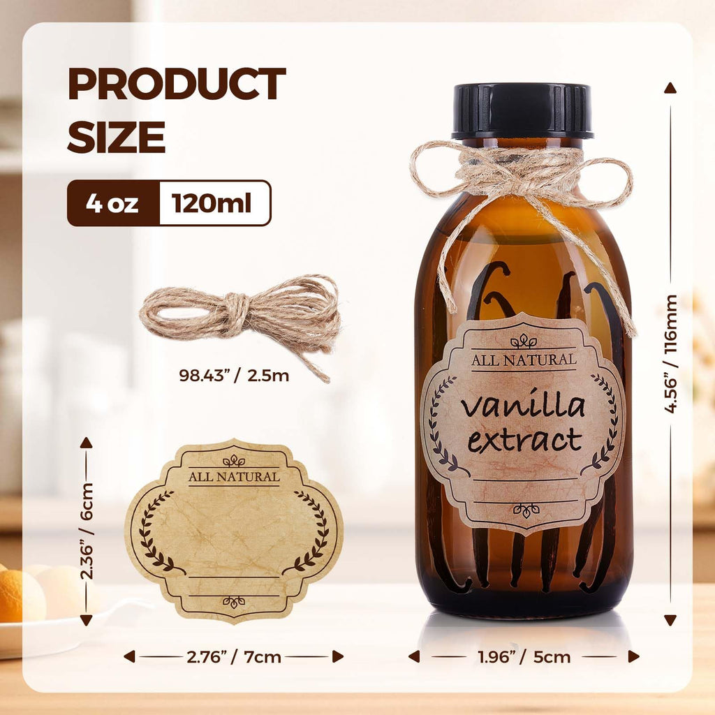 12 Pack 4 oz Vanilla Extract Bottles, Amber Glass Bottle with Twine
