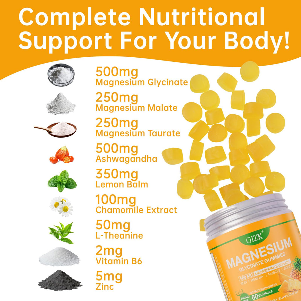 Magnesium Glycinate Gummies 500mg – Sugar Free Magnesium Gummies for Sleep, Stress, Muscle & Nerve Support – for Adults & Kids 4+, Vegan, No Melatonin (Pineapple Flavor, 60 Count)