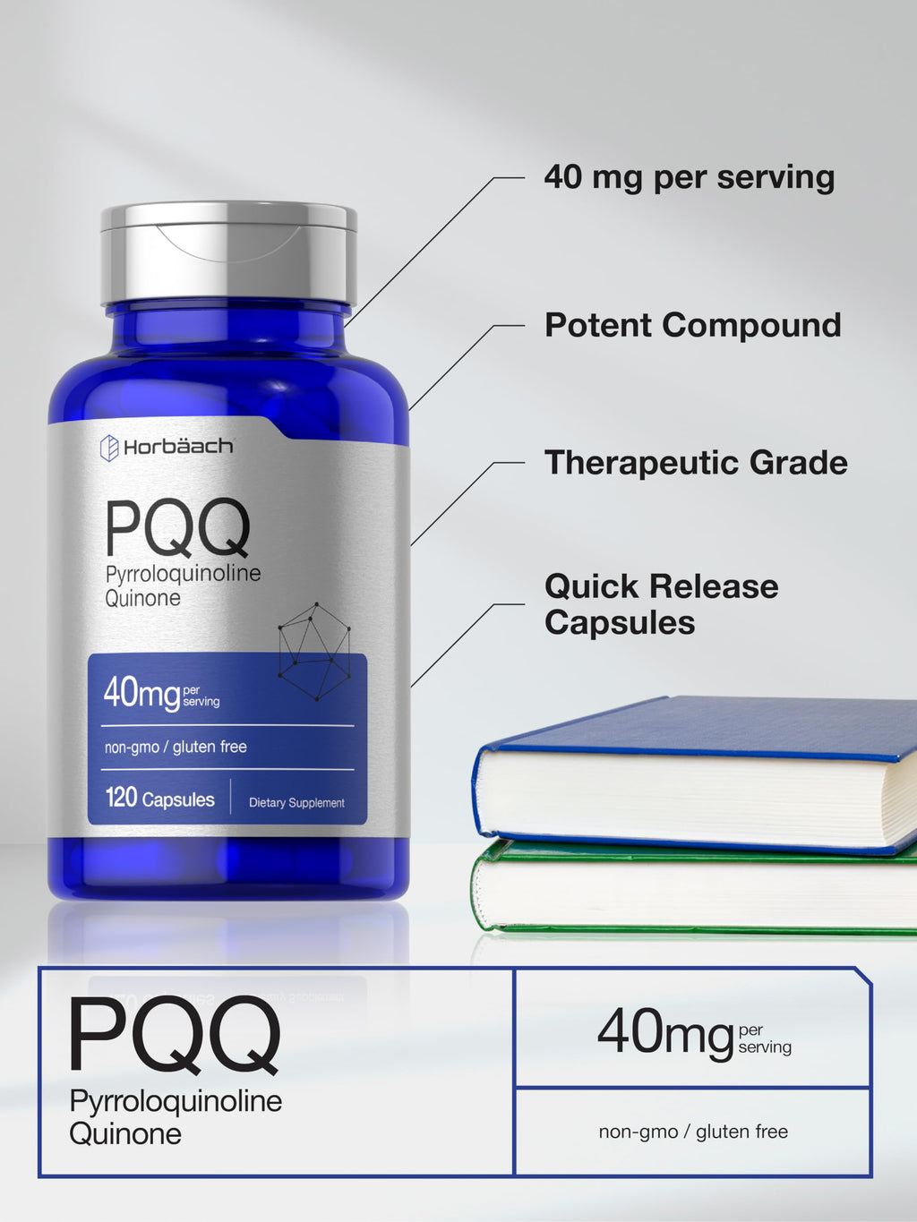 Horbäach PQQ Supplement 40 mg | 120 Capsules | Maximum Strength | Non-GMO and Gluten Free Supplement | Pyrroloquinoline Quinone Disodium Salt