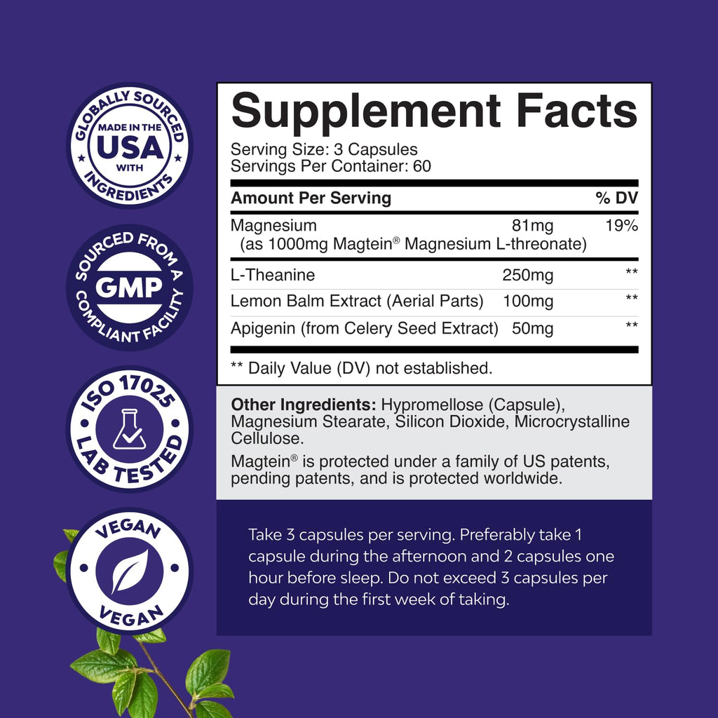 High Absorption Magnesium Sleep Supplement - Rest Support Magtein Magnesium L-Threonate and Apigenin Theanine for Sleep and Rest for Women & Men - Mg L-Threonate Melatonin Free Sleeping Aid - 180 Ct