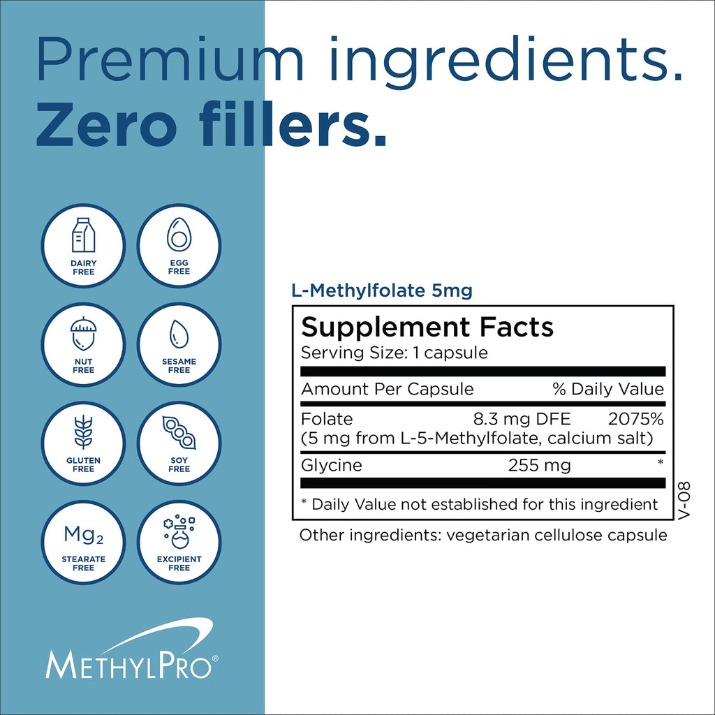MethylPro L-Methylfolate 5 mg - Supports a Healthy Mindset - Active Folate for Methylation Support & Biochemical Reactions - Highly Bioavailable - Flexible Dosing - 30 Servings - 30 Capsules