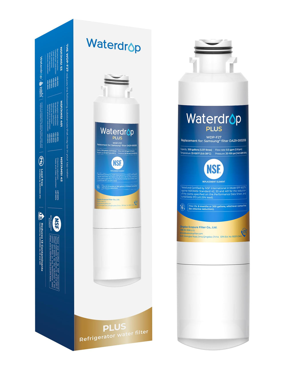 Waterdrop Plus WDP-F27 NSF 401 Certified Refrigerator Water Filter, Reduce PFOA/PFOS, Replacement for Samsung® DA29-00020B Water Filter HAF-CIN, HDX FMS-2, RF28HMEDBSR