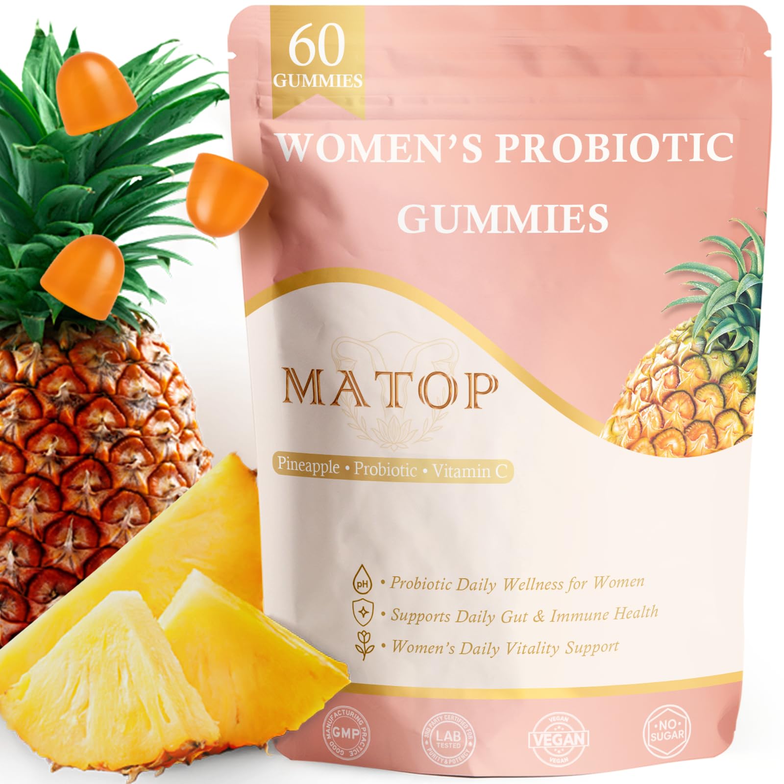MATOP Women’s Probiotic Pineapple Gummies – Gut Health & Daily Digestive Wellness, Vegan Sugar-Free, 60 Count
