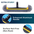 POOLAZA Pool Brush Head with Round Ends, Heavy Duty Pool Brushes for Cleaning Pool Walls, Floors Steps & Corners, 17.5" Pool Brush with Sturdy Aluminum Handle & Durable Nylon Bristles (Yellow)