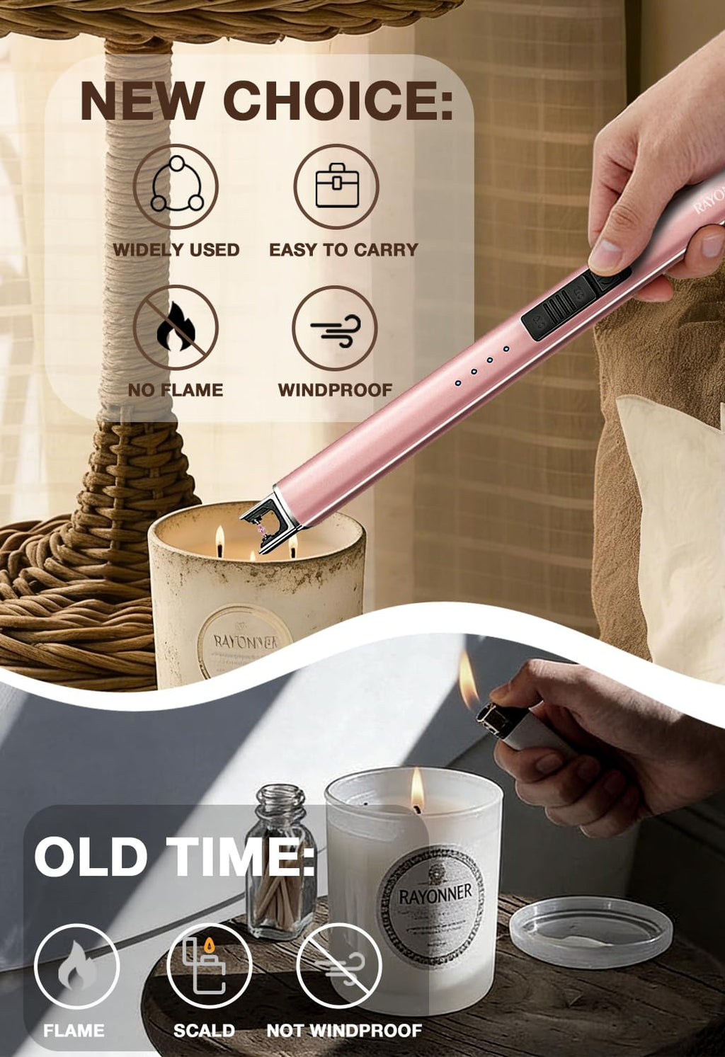 RAYONNER Electric Candle Lighter - USB Rechargeable, Flameless Plasma, Windproof, Pocket Size for Candle, Cooking, BBQ, Firework (Rose Gold, 3 Pack)