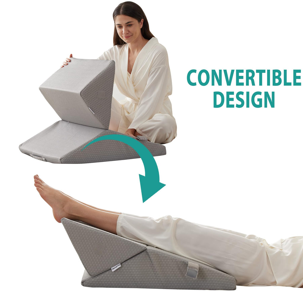 Bedluxe 3Pcs Orthopedic Bed Wedge Pillow Set, Foam Wedge Pillow Post Surgery for Back, Leg and Knee Support, Adjustable 9&12 Inch Folding Triangle Pillow for Sleeping, Acid Reflux, Snoring, Grey