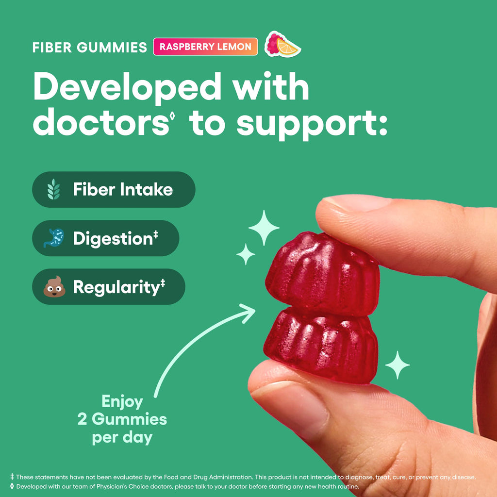 Physician’s Choice Fiber Gummies for Digestive Health & Regularity - Raspberry Lemon Flavor - No Sugar Added & Vegan - Natural Chicory Root Prebiotic Fiber - Daily Gummy for Adults, Women & Men - 60CT