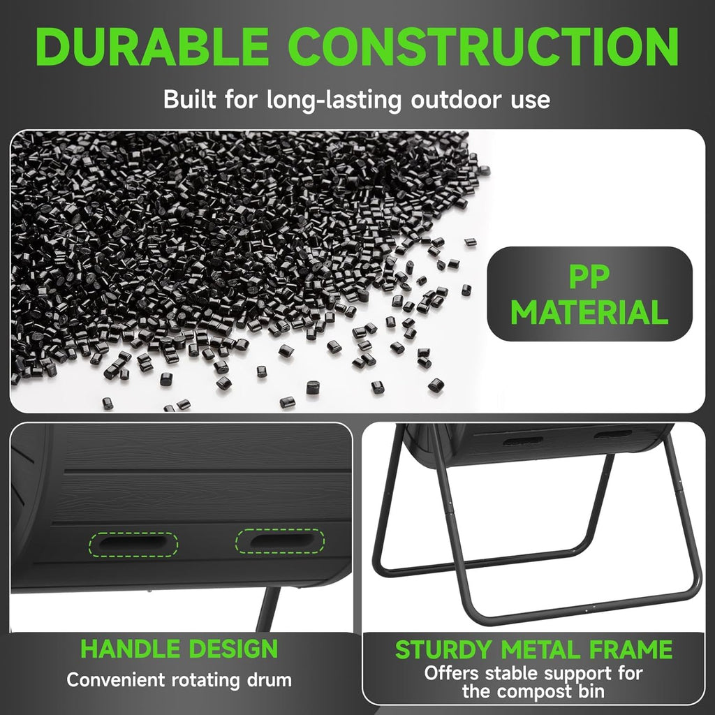 PatioZen Dual Chamber Tumbling Composter 45 Gallon Large Outdoor Tumbling Composter Efficient Batch Composting Easy Turn Design (Black,45 Gal)