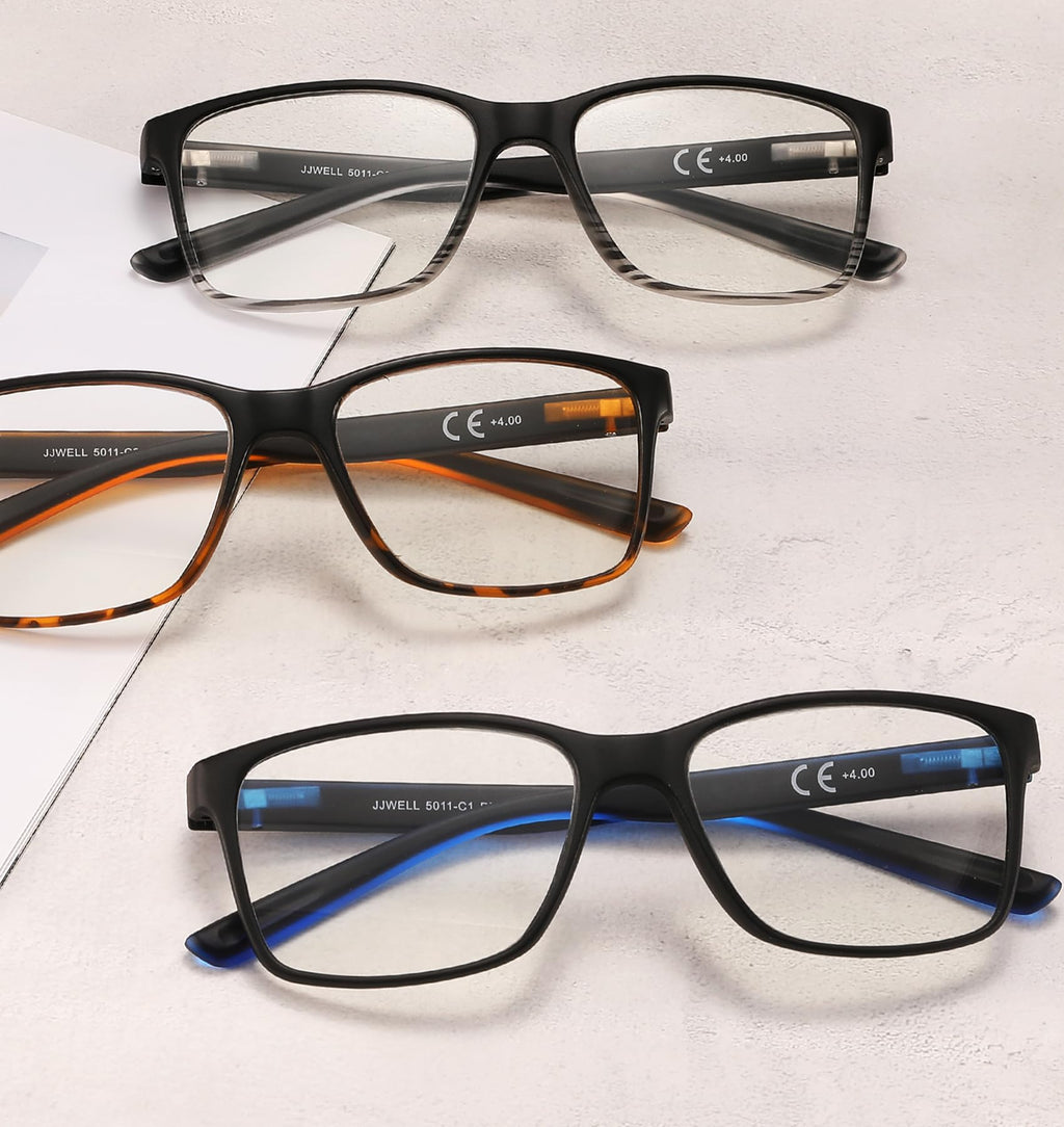 JJWELL 3 Pack Reading Glasses for Men Blue Light Blocking with Spring Hinge, Anti Eyestrain/Dryness/UV Large Wide Square Readers for Men, Two Tone Computer Reader Glasses Eyeglass(1.5 Strength)