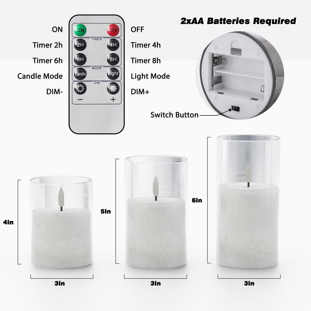 VIODAIM Ice Crystal Real Wax Glass Flameless Candles with Remote & Timer, Battery Operated Candles with Warm Flickering Flame, Realistic LED Candle for Wedding Home Decor [D3×H4/5"/6"] Clear, 3Pack