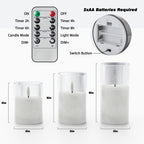 VIODAIM Ice Crystal Real Wax Glass Flameless Candles with Remote & Timer, Battery Operated Candles with Warm Flickering Flame, Realistic LED Candle for Wedding Home Decor [D3×H4/5"/6"] Clear, 3Pack