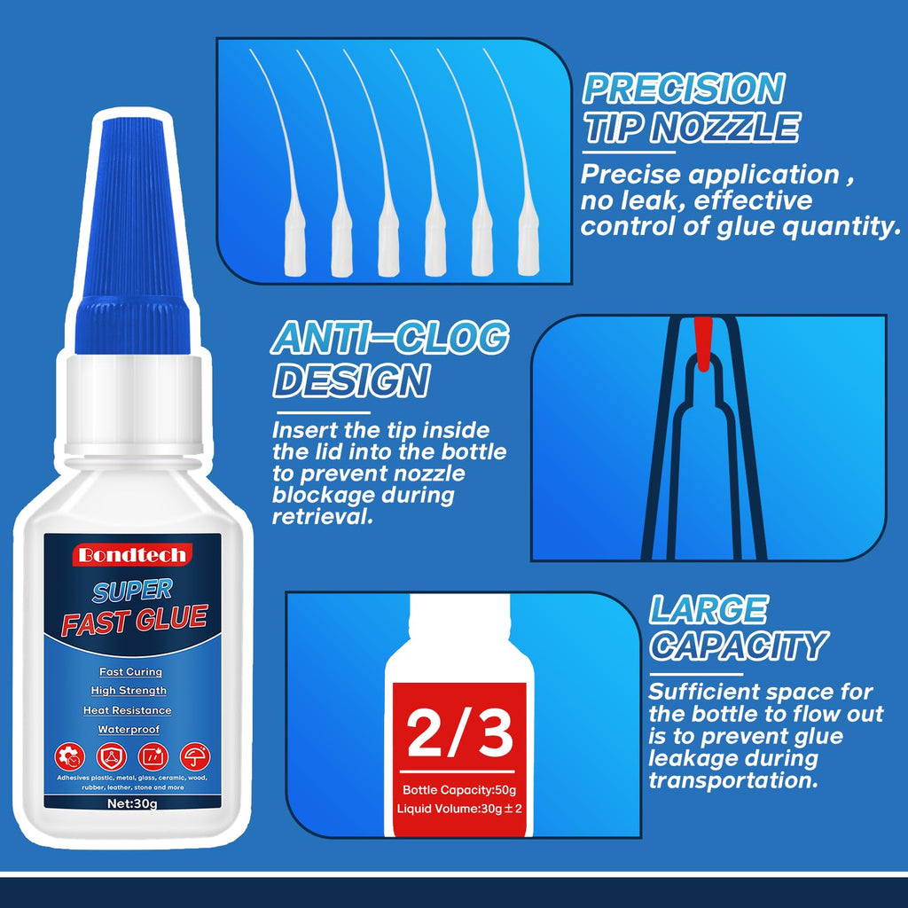 Super Glue 30 g, Superglue All Purpose, Instant Glue with Anti-Clog Cap, Strong Clear Adhesive for Plastic, Glass, Ceramic, Metal, Wood, DIY, Waterproof(Clear, 30 Grams * 1 Pack, Super Glue)