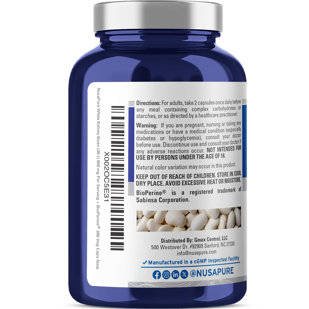 NusaPure White Kidney Beans Capsules, 800 mg, 200 Veg Capsules (Non-GMO, Vegan)