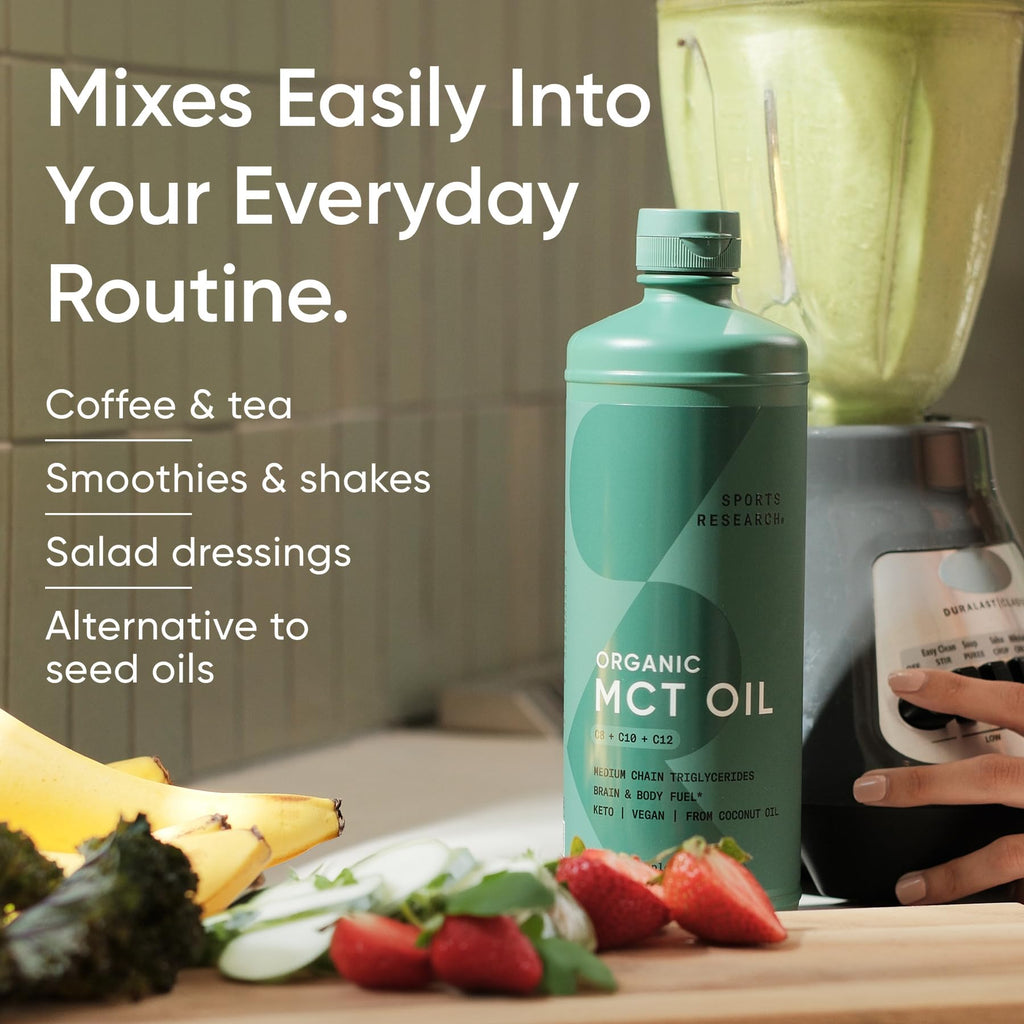 Sports Research® Organic MCT Oil 16oz - Full Spectrum (C8, C10, C12) Sourced from Coconut Oil - Keto Brain & Body Fuel* - Vegan Certified · Non-GMO · Informed Choice Certified - Unflavored