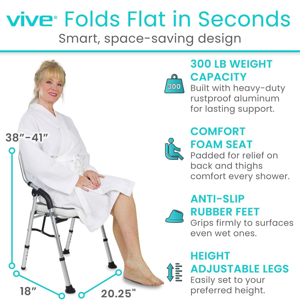 Vive Shower Chair For Elderly And Disabled - Folding Seat With Arms And Back - Foldable Bathroom Chairs For Sitting, Inside Shower - Portable For Travel - Fold Down, Collapsible, Compact & Comfortable
