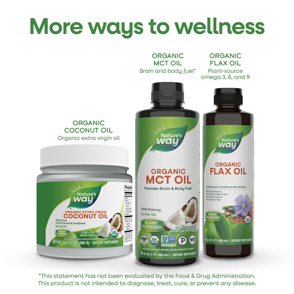 Nature's Way Organic MCT Oil, Brain and Body Fuel*, Liquid Coconut MCT Oil with C8 Caprylic & C10 Capric Acids, 14 g Medium Chain Triglycerides per Serving, Keto & Paleo Certified, Non-GMO, 16 Fl Oz